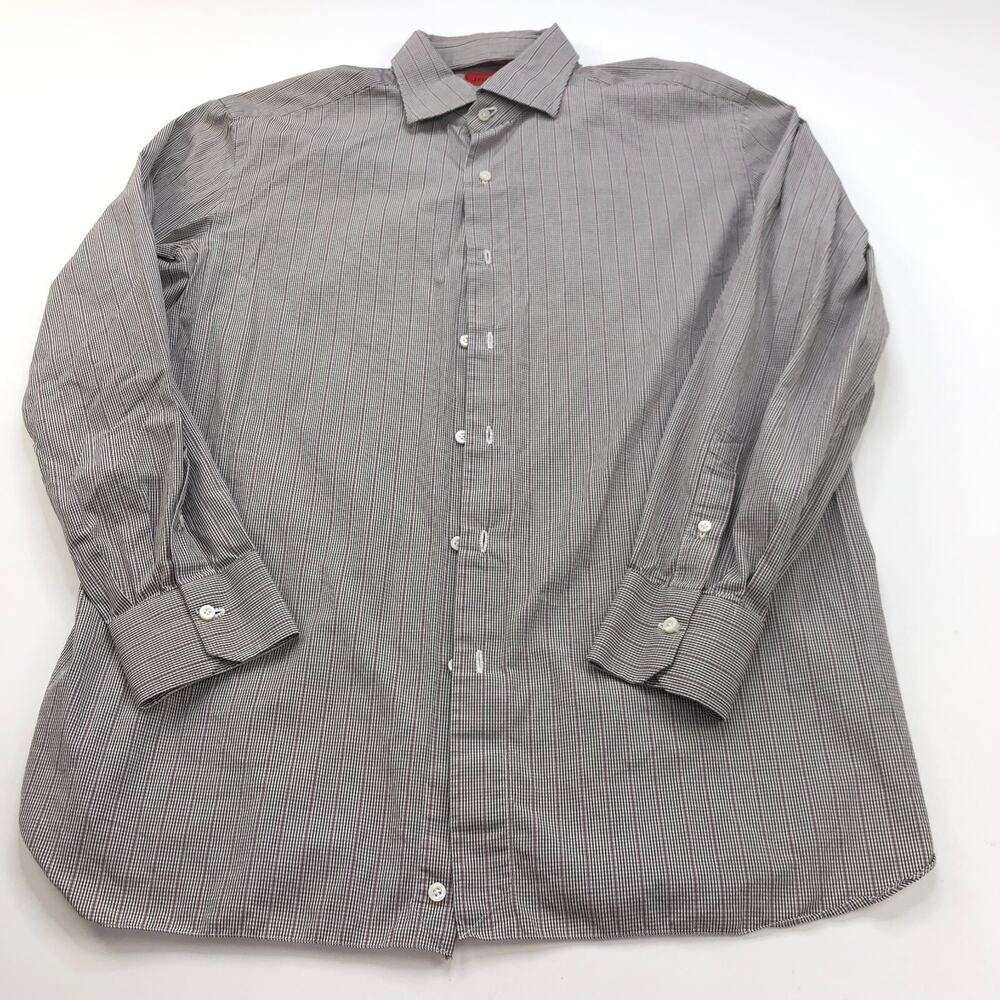 Isaia Napoli 17/43 Cm Brown Red Button Long Sleeve Cotton Polyester Dress Shirt